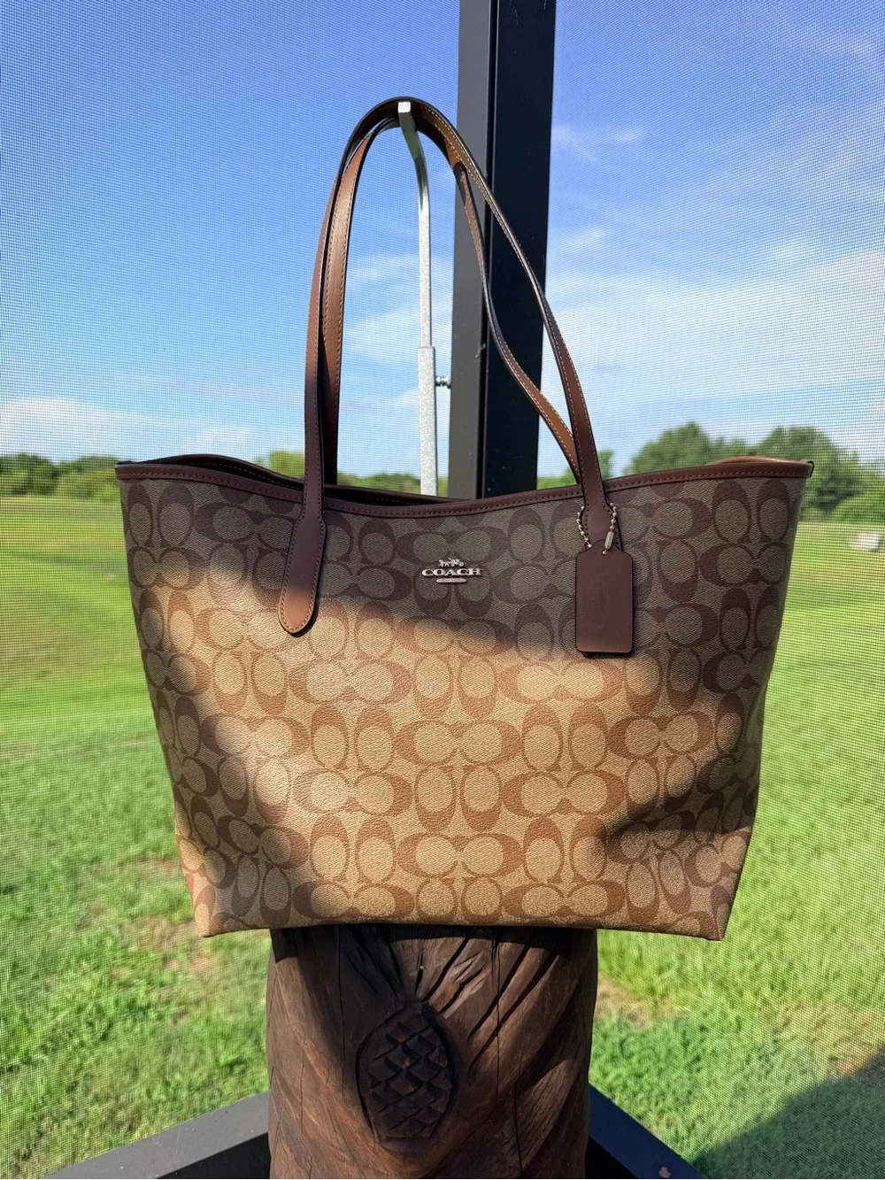 Coach City Tote Brown Signature Canvas Leather Shoulder Bag F58292 Dust Bag